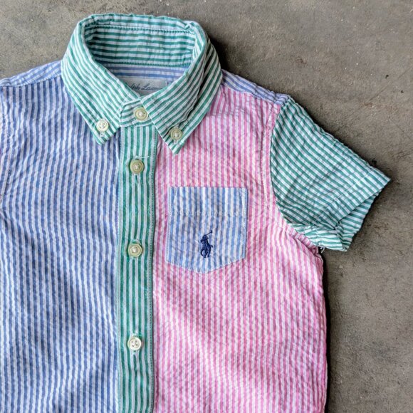 Ralph Lauren Blue Pink Green Striped Onesie and Gingham Plaid Shirt Bundle 9M - Picture 3 of 11